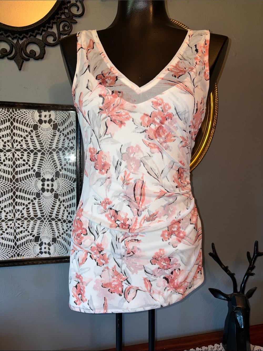 White House Black Market White Tank with Pink Floral Pattern 2piece